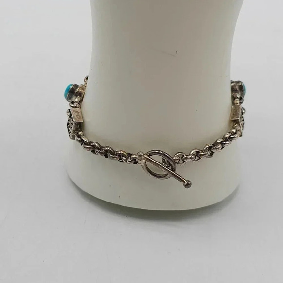 Turquoise Sterling Silver 925 Vintage Bracelet Intricate Design Toggle Clasp - Picture 3 of 7